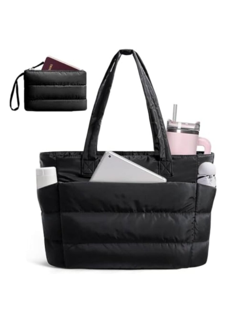 Lightweight Puffer Tote Shoulder Bag Water-Resistant Nylon with Zippered